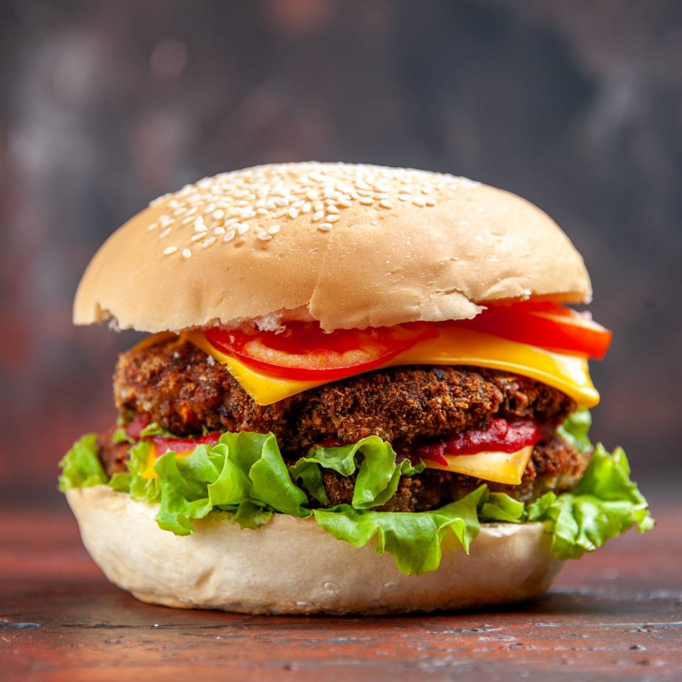A double-patty burger with cheese, tomatoes, lettuce, and ketchup on a sesame seed bun.